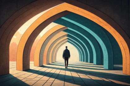 arcos geométricos sobrepostos em perspectiva, luz âmbar emanando do centro, estilo ilustração editorial (vestibular IFSul 2027)