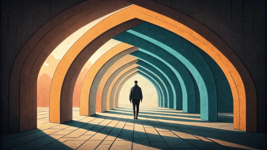 arcos geométricos sobrepostos em perspectiva, luz âmbar emanando do centro, estilo ilustração editorial (vestibular IFSul 2027)