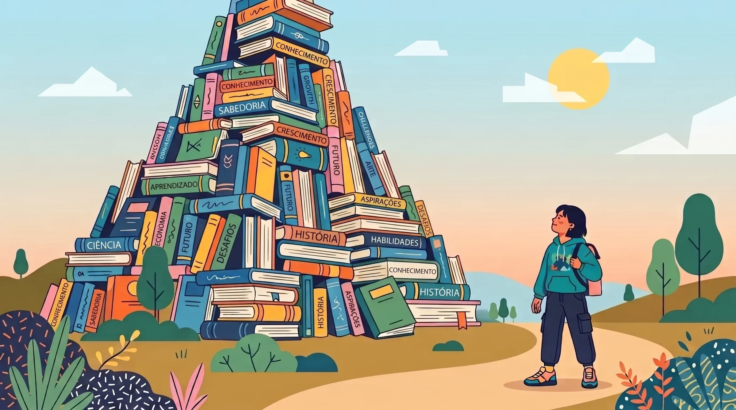 bloqueio nos estudos: Ilustração digital em estilo cartoon de uma jovem estudante com mochila nas costas, vista de perfil em uma trilha de terra. Ela está parada, olhando para cima com uma expressão de admiração ou hesitação diante de uma estrutura monumental: uma pirâmide gigantesca construída inteiramente por centenas de livros coloridos empilhados. As lombadas e capas dos livros trazem palavras gravadas em letras maiúsculas, como "CONHECIMENTO", "SABEDORIA", "CRESCIMENTO", "DESAFIOS", "HISTÓRIA" e "APRENDIZADO", sugerindo a imensidão ou o peso do conteúdo a ser absorvido. O cenário ao redor é composto por colinas suaves, árvores minimalistas e um céu claro de dia com um sol amarelo e nuvens esparsas.
