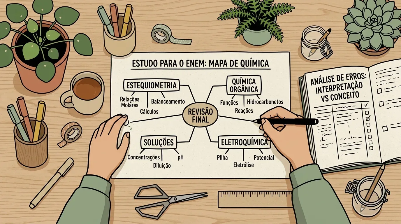 Ilustração vetorial em vista superior (flat lay) das mãos de um estudante criando um diagrama de mapa mental intitulado "ESTUDO PARA O ENEM: MAPA DE QUÍMICA" sobre uma escrivaninha de madeira. O núcleo central "REVISÃO FINAL" conecta-se a quatro temas principais:  ESTEQUIOMETRIA: desdobrado em Relações Molares, Cálculos e Balanceamento.  QUÍMICA ORGÂNICA: desdobrado em Funções, Reações e Hidrocarbonetos.  SOLUÇÕES: desdobrado em Concentrações, Diluição e pH.  ELETROQUÍMICA: desdobrado em Pilha, Eletrólise e Potencial. Ao lado direito, um caderno aberto exibe a página de "ANÁLISE DE ERROS: INTERPRETAÇÃO VS CONCEITO" com uma tabela de checagem. A composição é complementada por xícara de café, tesoura, régua, fitas decorativas, porta-lápis com marcadores e vasos de suculentas.