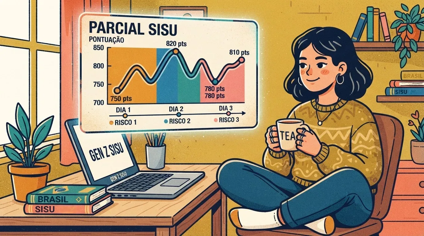 Uma estudante sentada confortavelmente em uma cadeira de madeira com as pernas cruzadas, segurando uma xícara escrita "TEA". Ela observa um gráfico flutuante de oscilação de pontos intitulado "PARCIAL SISU", indicando a variação por períodos: "DIA 1" (750 pts - RISCO 1), "DIA 2" (820 pts - RISCO 2) e "DIA 3" (780 a 810 pts - RISCO 3). Na escrivaninha, encontram-se um notebook aberto na página "GEN Z SISU", livros sobre o Brasil e o SiSU e um vaso de planta.