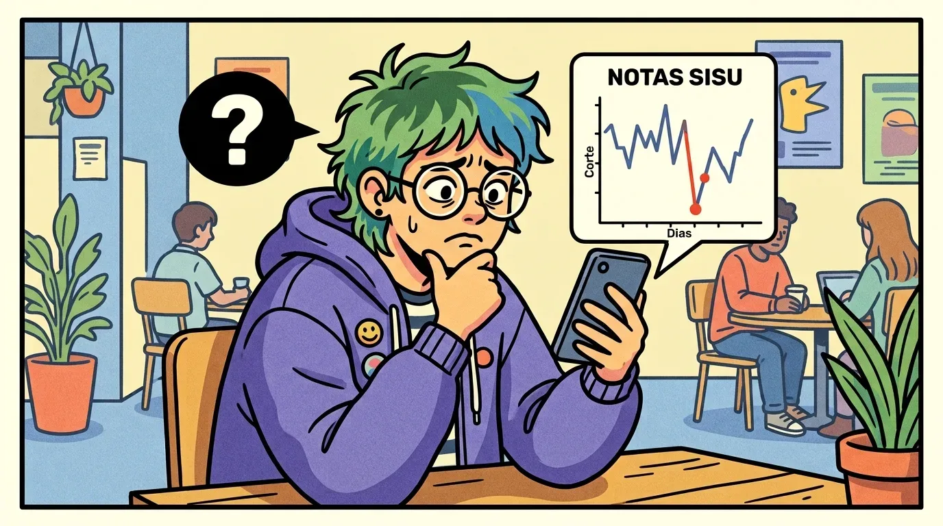 como funciona o SISU: Um jovem de óculos e cabelo verde olhando para a tela do celular com uma expressão tensa e suando de nervoso. Um balão de pensamento exibe um grande ponto de interrogação e um gráfico pop-up vindo do celular mostra uma linha oscilante intitulada "NOTAS SISU", destacando uma queda brusca com um ponto vermelho. O cenário ao fundo é de uma cafeteria com pessoas estudando.
