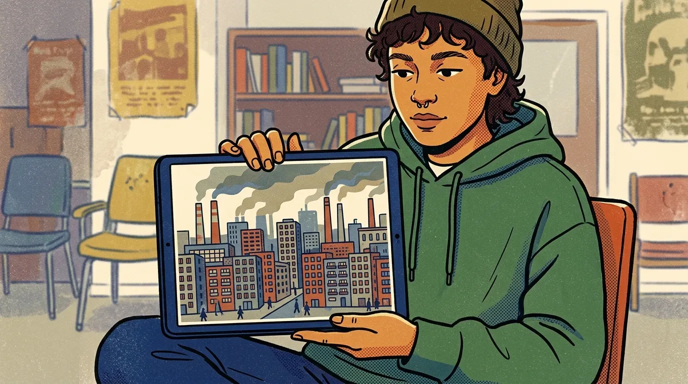 Ilustração em plano médio de um estudante usando touca e moletom verde, segurando um tablet em direção ao leitor. A tela do dispositivo exibe a ilustração de um cenário urbano e industrial tomado pela poluição, com chaminés de fábricas expelindo fumaça escura sobre prédios e pedestres. Ao fundo, observa-se o ambiente de uma biblioteca com estantes de livros, cadeiras e cartazes na parede.