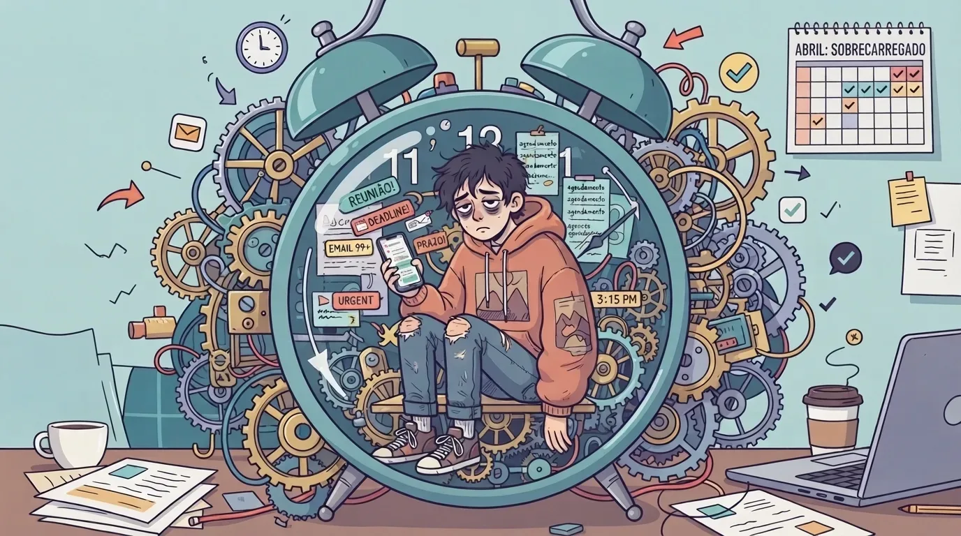 rotina de estudos: Ilustração digital expressiva de um jovem com semblante exausto e olheiras profundas, sentado e encolhido dentro de um despertador mecânico gigante cercado por engrenagens caóticas em movimento. Ele olha para a tela de um celular cheio de alertas de estresse como "DEADLINE!", "URGENT" e "PRAZO!". No canto superior direito, um calendário na parede exibe o título "ABRIL: SOBRECARREGADO", ilustrando uma crise de ansiedade e burnout por falta de tempo.