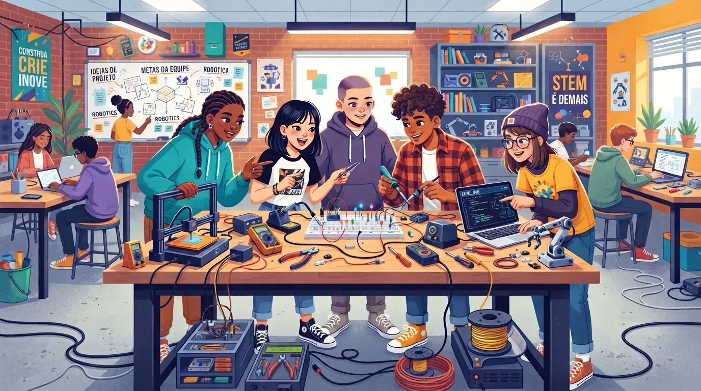 cursos técnicos IFSul Pelotas: Ilustração vibrante de estudantes trabalhando em um laboratório de robótica e eletrônica de estilo industrial. No centro, um grupo diverso de cinco jovens colabora ao redor de uma bancada repleta de ferramentas, multímetros, ferro de solda, uma impressora 3D e circuitos com LEDs acesos conectados a um notebook com linhas de código. Ao fundo, as paredes de tijolos exibem uma estante com componentes, um quadro de planejamento de projetos e pôsteres motivacionais escritos "CONSTRUA CRIE INOVE" e "STEM É DEMAIS".