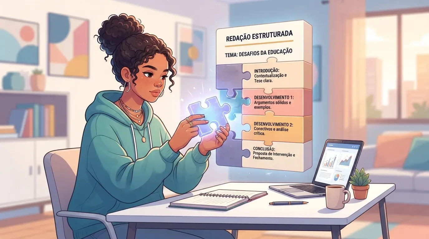 temas da redação do ENEM: Ilustração digital de uma jovem com cabelos presos em um coque alto, sentada em sua escrivaninha de estudos. Ela segura uma peça de quebra-cabeça azul e brilhante, prestes a encaixá-la em um infográfico 3D flutuante intitulado "REDAÇÃO ESTRUTURADA" (sob o tema "Desafios da Educação"). O infográfico é composto por blocos coloridos estilo quebra-cabeça que dividem a produção textual em quatro partes: Introdução (Contextualização e Tese), Desenvolvimento 1 (Argumentos e exemplos), Desenvolvimento 2 (Conectivos e análise) e Conclusão (Proposta de intervenção). Na mesa branca, encontram-se um notebook com gráficos de dados, um caderno aberto e uma caneca.