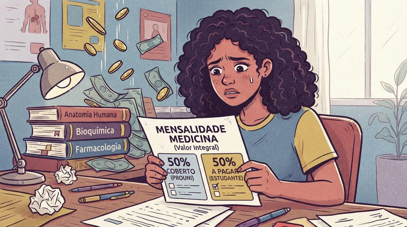 Uma estudante de cabelos cacheados com expressão preocupada e suando frio enquanto analisa a folha de cobrança "MENSALIDADE MEDICINA (Valor Integral)". O documento destaca duas caixas: "50% COBERTO (PROUNI)" e "50% A PAGAR (ESTUDANTE)", com a opção de pagamento parcial assinalada. Ao redor da mesa, ilustram-se moedas e notas de dinheiro caindo pelo ar, papéis amassados, uma luminária flexível acesa e uma pilha de livros didáticos de Anatomia, Bioquímica e Farmacologia.