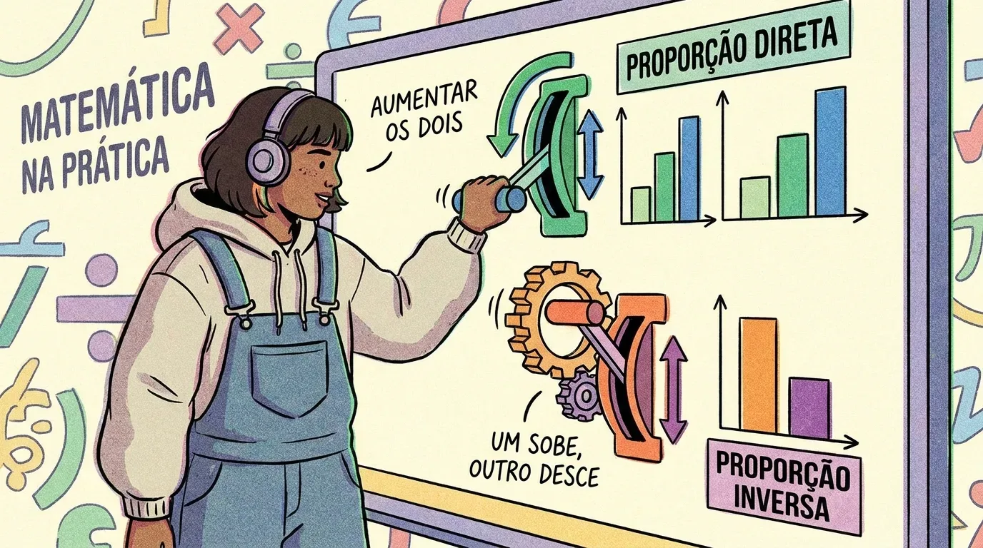 Uma jovem de cabelo curto, fones de ouvido e macacão jeans, ajustando alavancas em um painel interativo sob a inscrição "MATEMÁTICA NA PRÁTICA". O painel explica dois conceitos de variação proporcional:  Proporção Direta: indicada pela legenda "AUMENTAR OS DOIS" ao lado de uma alavanca que aciona dois gráficos de barras em crescimento simultâneo.  Proporção Inversa: indicada pela legenda "UM SOBE, OUTRO DESCE" junto a engrenagens que acionam um gráfico de barras mostrando o aumento de uma variável acompanhado da redução de outra.