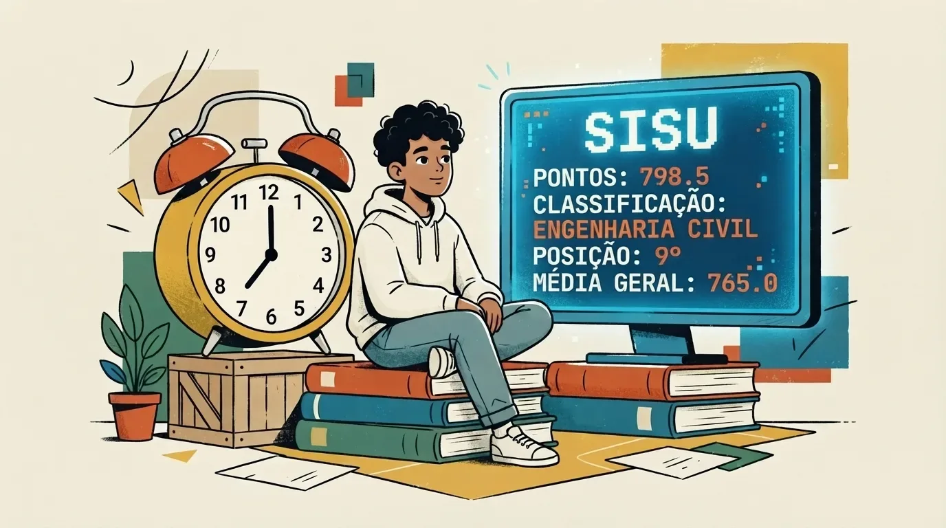 como entrar na faculdade federal: Ilustração digital de um jovem estudante sentado sobre uma pilha de livros, acompanhando sua nota e colocação em um monitor azul brilhante. A tela exibe a interface do sistema do "SISU" com os dados: "PONTOS: 798.5", "CLASSIFICAÇÃO: ENGENHARIA CIVIL", "POSIÇÃO: 9º" e "MÉDIA GERAL: 765.0". À esquerda dele, um grande despertador analógico amarelo destaca o monitoramento dos prazos e das notas de corte.