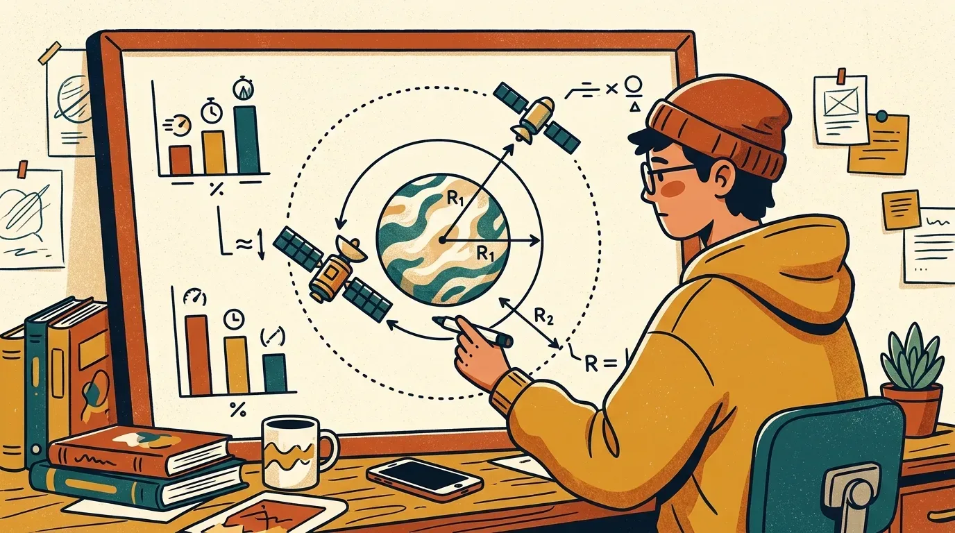 Um jovem de touca e óculos, desenhando esquemas de física e gravitação em um quadro de anotações sobre sua mesa. O desenho no quadro ilustra a Terra no centro com duas órbitas circulares demarcadas pelos raios $R_1$ e $R_2$, nas quais dois satélites artificiais com painéis solares gravitam ao redor do planeta. À esquerda do quadro, gráficos de barras comparam variáveis de velocidade e período orbital. A escrivaninha conta com livros empilhados, caneca e planta em vaso.