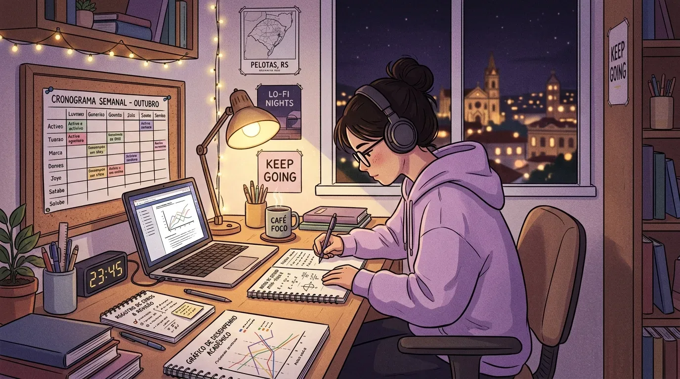 Ilustração em estilo lofi de uma jovem de óculos e moletom lilás usando fones de ouvido enquanto estuda à noite em sua escrivaninha de madeira. Ela segura uma caneta e escreve em um caderno espiral. Sobre a mesa iluminada por uma luminária de tom quente, veem-se um notebook exibindo gráficos na tela, um relógio digital marcando "23:45", uma caneca com a frase "CAFÉ FOCO", um caderno aberto mostrando um "GRÁFICO DE DESEMPENHO ACADÊMICO" e outro com anotações de "REGISTRO DE ESTUDOS & REVISÃO". Na parede ao fundo, decorada com cordões de luzes cintilantes, há um quadro de cortiça com um "CRONOGRAMA SEMANAL - OUTUBRO", além de quadros decorativos com os textos "Pelotas, RS", "LO-FI NIGHTS" e "KEEP GOING". Uma grande janela ao fundo revela a arquitetura da cidade iluminada sob o céu noturno.