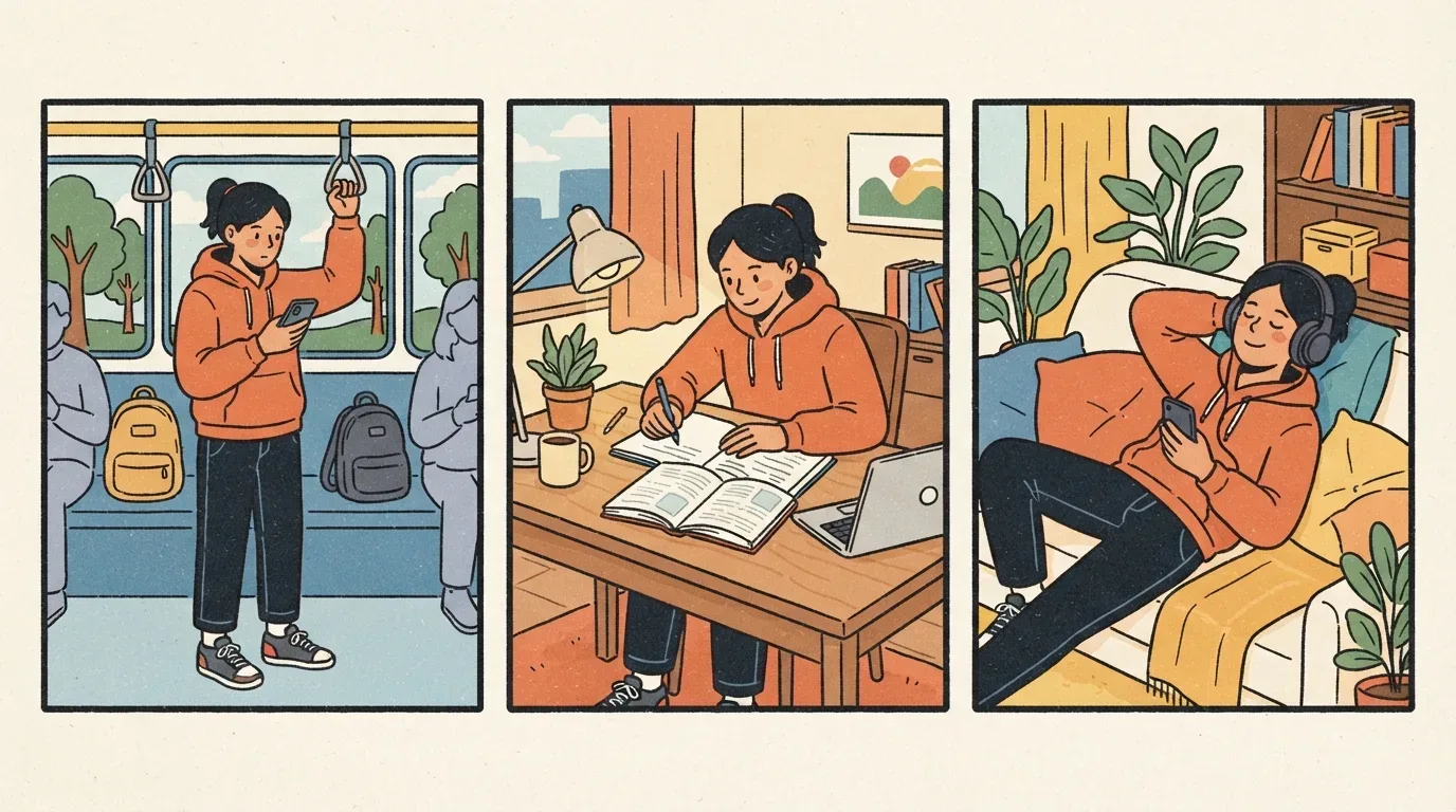 Ilustração em formato de tirinha dividida em três painéis sequenciais, retratando o equilíbrio na rotina de uma jovem vestindo moletom laranja: Painel 1 (Transporte): a jovem em pé dentro de um ônibus, segurando a alça de apoio enquanto consulta o celular. Painel 2 (Estudo): a jovem concentrada escrevendo em um caderno sobre a escrivaninha de madeira, ao lado de livros didáticos, notebook e luminária de mesa. Painel 3 (Descanso): a jovem relaxando deitada em um sofá com almofadas, usando fones de ouvido para ouvir música enquanto segura o smartphone.