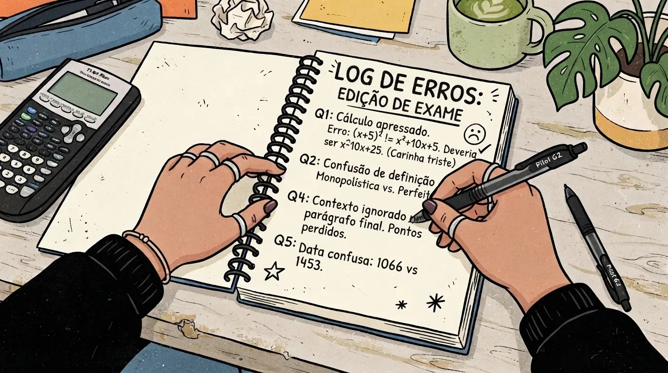 nota baixa no simulado: Vista em primeira pessoa de mãos com anéis escrevendo em um caderno espiral sobre uma mesa de madeira clara. A página exibe o título "LOG DE ERROS: EDIÇÃO DE EXAME" e lista falhas cometidas em uma prova, detalhando de forma organizada erros de cálculo matemático, confusão de conceitos e dados históricos para fins de revisão. Ao redor do caderno, encontram-se uma calculadora científica à esquerda, uma caneta reserva à direita e uma caneca com café no topo.
