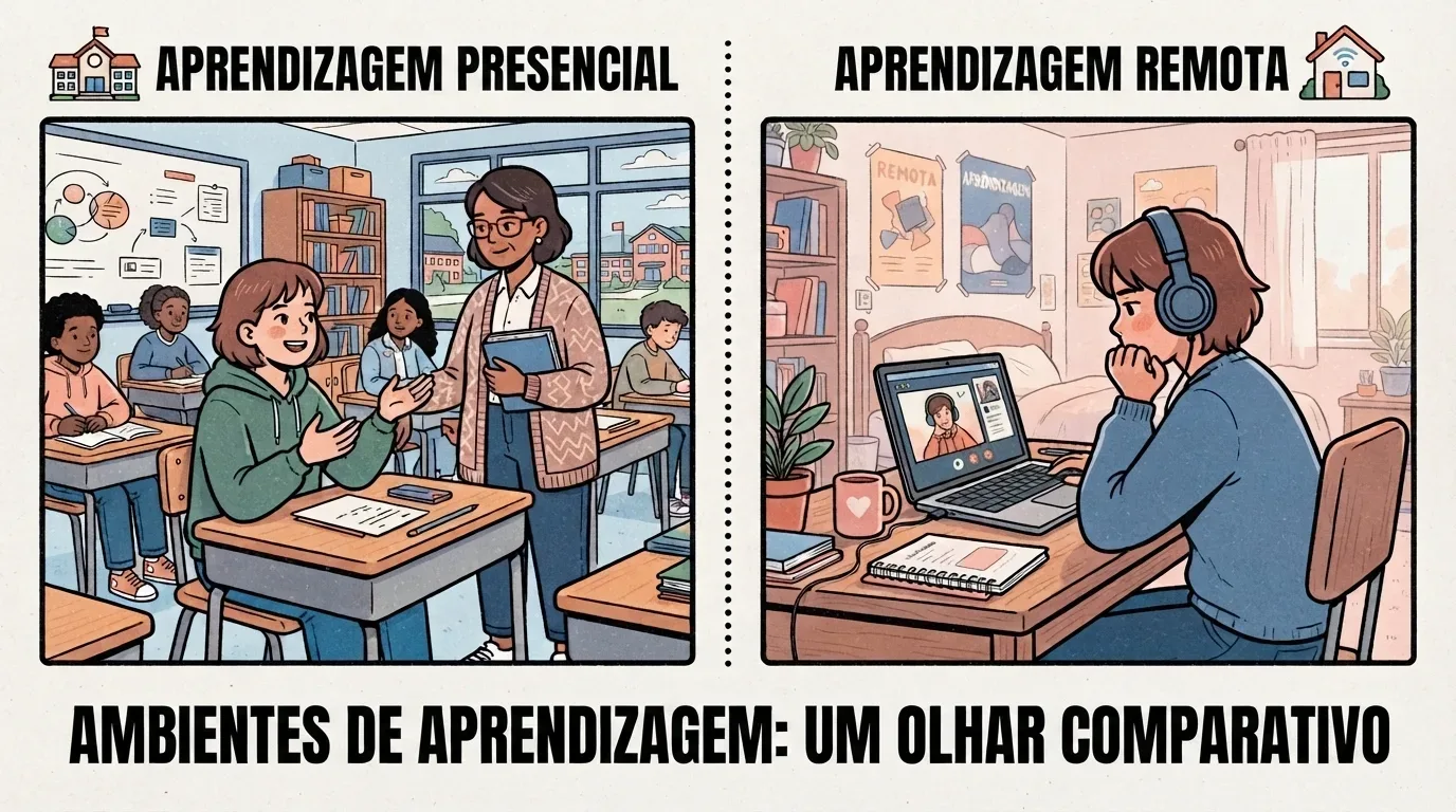 cursinho presencial ou online: Ilustração comparativa dividida em duas colunas sob o título inferior "AMBIENTES DE APRENDIZAGEM: UM OLHAR COMPARATIVO". A coluna da esquerda, chamada "APRENDIZAGEM PRESENCIAL", mostra uma sala de aula tradicional onde uma professora conversa com uma estudante sentada em sua mesa. A coluna da direita, chamada "APRENDIZAGEM REMOTA", retrata um jovem usando fones de ouvido no aconchego de seu quarto, assistindo a uma videoaula pelo laptop.