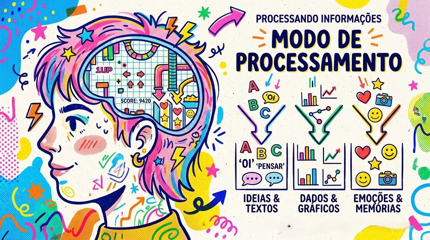 gêneros textuais no ENEM: Ilustração colorida e vibrante em estilo pop art e infográfico sobre um fundo branco com texturas e rabiscos abstratos. À esquerda, vê-se o perfil de uma pessoa com cabelos curtos repicados nas cores rosa, roxo e amarelo. A área do cérebro é representada de forma lúdica como a tela de um jogo de videogame retrô de plataforma, contendo canos, setas, corações, estrelas e a inscrição "SCORE: 9420" e "1UP". À direita, o texto principal em letras garrafais diz "PROCESSANDO INFORMAÇÕES - MODO DE PROCESSAMENTO". Logo abaixo, três funis coloridos ilustram a filtragem e organização da mente em três colunas com caixas de saída correspondentes: "IDEIAS & TEXTOS" (filtrando letras e gerando balões de fala com as palavras 'OI' e 'PENSAR'), "DADOS & GRÁFICOS" (filtrando barras e linhas geométricas em gráficos estatísticos) e "EMOÇÕES & MEMÓRIAS" (filtrando corações, carinhas sorridentes, estrelas e câmeras fotográficas).