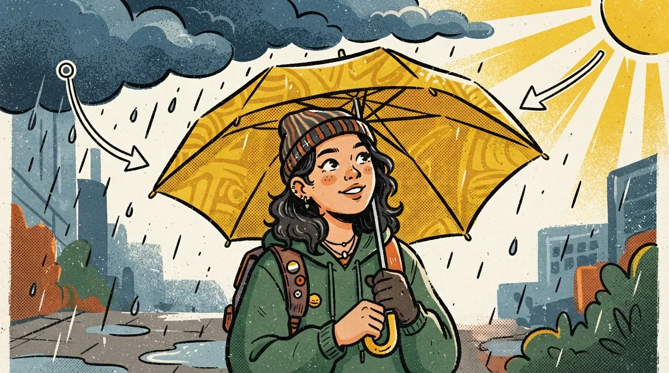 Uma estudante de moletom verde e touca segurando um guarda-chuva amarelo aberto sob um clima dividido. À esquerda, nuvens carregadas e escuras caem em tempestade sobre a cidade; à direita, um sol radiante ilumina o ambiente com raios de luz, exemplificando visualmente ideias de contraste, concessão e condição.