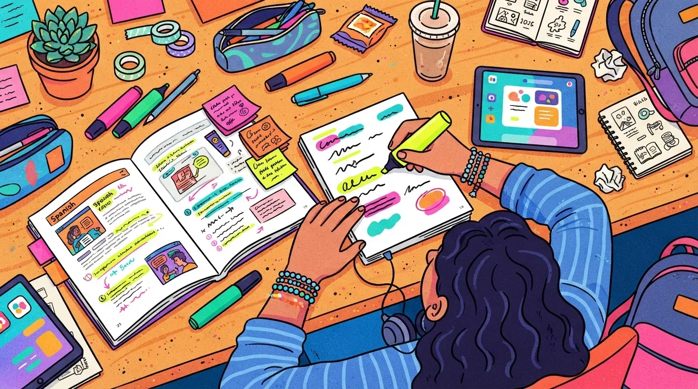Ilustração em vista superior (flat lay) das mãos de uma estudante de blusa listrada azul grifando anotações com um marca-texto amarelo. A mesa de madeira está repleta de materiais de estudo organizados e coloridos: um livro didático aberto na matéria de "Spanish" com notas adesivas, dois tablets com aplicativos na tela, estojos, canetas, marcador, um copo de café gelado, um vaso de suculenta e uma mochila rosa no canto direito.