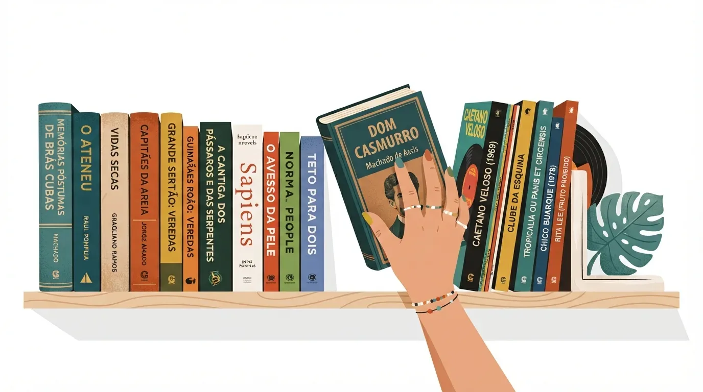 obras obrigatórias UFRGS: Ilustração digital em plano detalhe de uma prateleira de madeira repleta de livros de literatura e discos de MPB sobre um fundo branco. Uma mão com unhas pintadas e anéis delicados alcança a fileira para retirar o livro "DOM CASMURRO", de Machado de Assis. Na estante, também são visíveis lombadas de clássicos como "Memórias Póstumas de Brás Cubas", "O Ateneu", "Vidas Secas" e "Capitães da Areia".