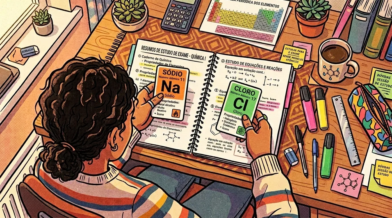 Ilustração em vista superior de um estudante de cabelos cacheados e blusa listrada segurando dois flashcards sobre um caderno espiral aberto no capítulo "RESUMOS DE ESTUDO DE EXAME - QUÍMICA": Na mão esquerda: cartão laranja com a ficha do "SÓDIO - Número Atômico 11 - Na", destacando a propriedade de metal alcalino. Na mão direita: cartão verde com a ficha do "CLORO - Número Atômico 17 - Cl", destacando a propriedade de halogênio. A mesa de madeira está organizada com uma Tabela Periódica impressa, calculadora, caneca com estrutura química desenhada, marcadores coloridos, régua, estojo e vasos de suculentas.