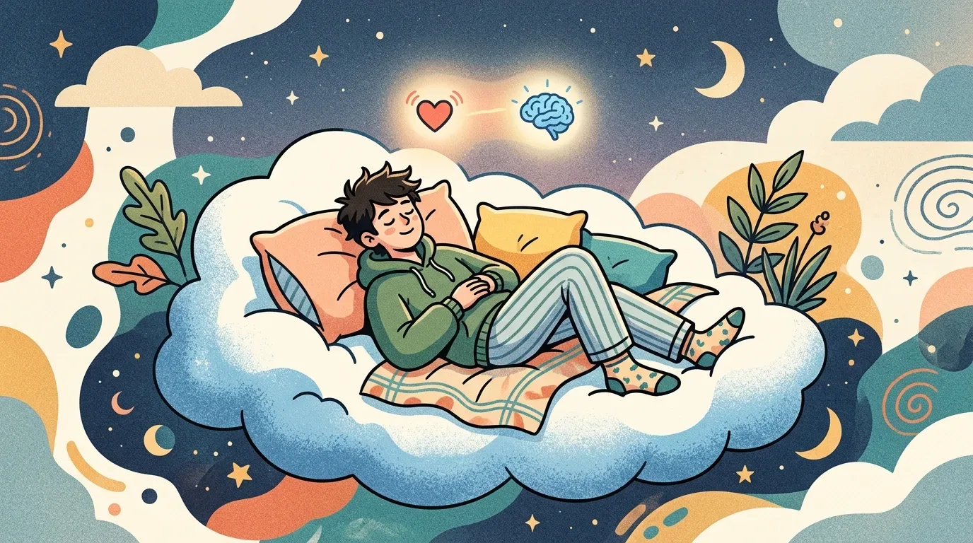 bloqueio nos estudos: Ilustração digital lúdica e aconchegante com texturas suaves, mostrando um jovem deitado de lado e dormindo pacificamente no topo de uma grande nuvem branca e fofa. Ele veste um moletom verde, calça de pijama listrada e meias estampadas, descansando a cabeça sobre travesseiros e cobrindo-se parcialmente com uma manta xadrez. Centralizados logo acima dele, flutuam dois ícones iluminados e conectados por uma linha tênue: um coração vermelho e um cérebro azul, representando o equilíbrio e a restauração da saúde mental e emocional através do sono. O plano de fundo simula uma noite mágica e fluida, repleta de estrelas douradas, uma lua crescente e ondas abstratas em tons de azul, laranja e lavanda.