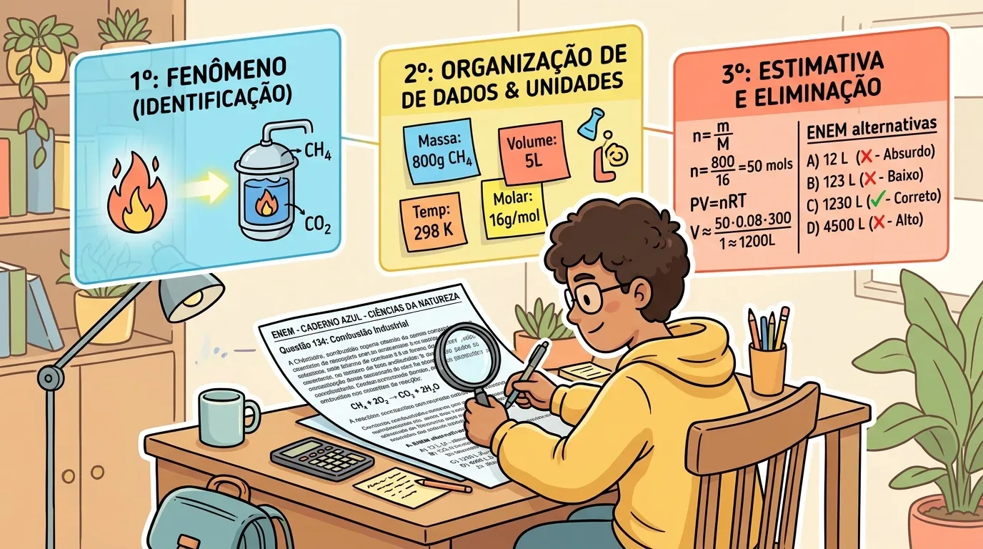 Ilustração vetorial em estilo cartoon de um estudante de óculos e moletom amarelo analisando uma questão de química. O estudante segura uma lupa para examinar uma folha de prova intitulada "ENEM - CADERNO AZUL - CIÊNCIAS DA NATUREZA" na "Questão 134: Combustão Industrial", que apresenta a equação $	ext{CH}_4 + 2	ext{O}_2 ightarrow 	ext{CO}_2 + 2	ext{H}_2	ext{O}$. Acima do estudante, três painéis coloridos detalham a estratégia de resolução em três passos:1º: FENÔMENO (IDENTIFICAÇÃO): Quadro azul com o ícone de uma chama e a representação de um reator de combustão convertendo metano ($	ext{CH}_4$) em dióxido de carbono ($	ext{CO}_2$).2º: ORGANIZAÇÃO DE DADOS & UNIDADES: Quadro amarelo com notas adesivas contendo as variáveis Massa: 800g CH4, Volume: 5L, Temp: 298 K e Molar: 16g/mol.3º: ESTIMATIVA E ELIMINAÇÃO: Quadro vermelho exibindo as fórmulas de mol ($n = 50	ext{ mols}$) e dos gases ideais ($V approx 1200	ext{ L}$), seguido do descarte de alternativas e indicação da opção C) 1230 L como a correta.A mesa de estudos contém calculadora, caneta, caneca e um vaso de planta.