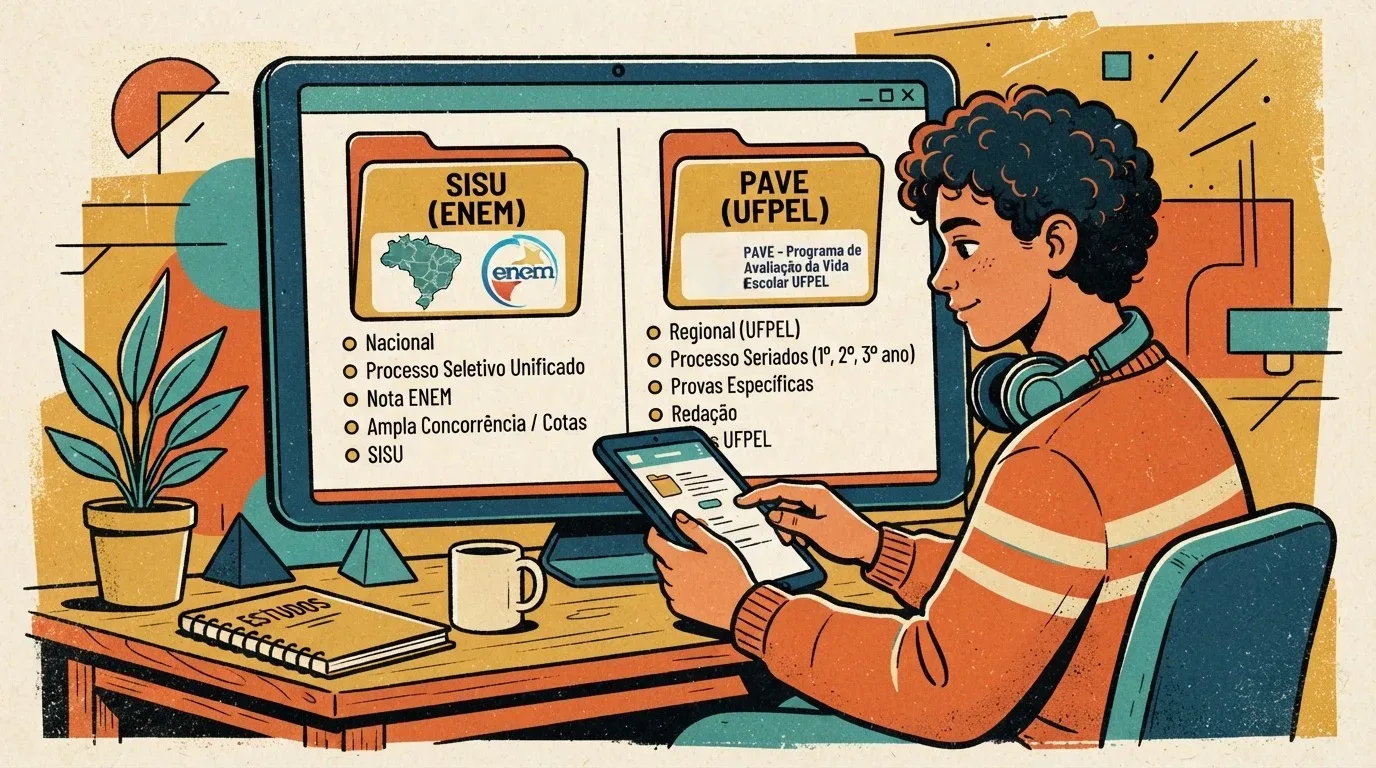 Um jovem de cabelos cacheados com fones de ouvido no pescoço, sentado à mesa de estudos consultando um tablet e um monitor principal. A tela exibe a comparação entre dois sistemas de seleção em pastas organizadoras: à esquerda, "SISU (ENEM)" (com tópicos sobre abrangência nacional, processo unificado, nota do ENEM e cotas); à direita, "PAVE (UFPEL)" (detalhando o Programa de Avaliação da Vida Escolar da UFPel, caráter regional e avaliação seriada do 1º ao 3º ano).