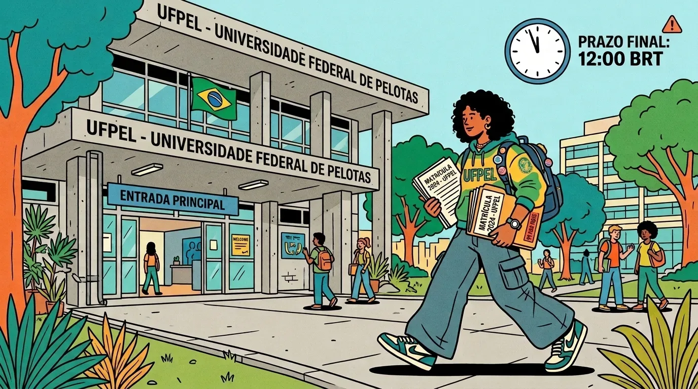 como funciona o SISU: Ilustração em estilo de quadrinhos da entrada principal da UFPel (Universidade Federal de Pelotas). Em destaque, uma jovem negra de cabelo afro caminha confiante segurando documentos onde se lê "MATRÍCULA 2024 - UFPEL". Ao fundo, vê-se a fachada de concreto da universidade e outros estudantes circulando. No canto superior direito, um relógio corre contra o tempo próximo ao aviso: "PRAZO FINAL: 12:00 BRT".