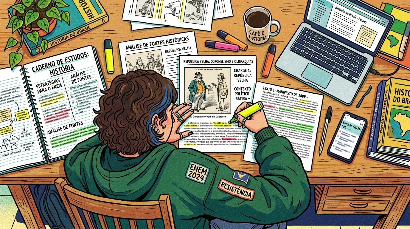 Ilustração em vista superior de um estudante de moletom verde com os patches "ENEM 2024" e "RESISTÊNCIA", grifando textos sobre uma escrivaninha de madeira repleta de materiais de história. No centro, ele analisa uma folha impressa intitulada "REPÚBLICA VELHA: CORONELISMO E OLIGARQUIAS", que exibe a charge "O Coronel e o Voto de Cabresto". À esquerda, um caderno espiral aberto mostra as seções "CADERNO DE ESTUDOS: HISTÓRIA" e "ANÁLISE DE FONTES". A mesa contém ainda um laptop aberto no portal "História do Brasil - Fontes", um smartphone com lembrete para "Revisão ENEM: 10h", uma caneca escrita "CAFÉ E HISTÓRIA", marcadores coloridos e livros didáticos empilhados.