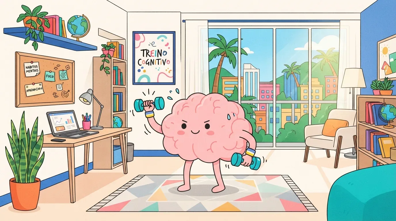 rotina de estudos: Ilustração em estilo cartoon de um cérebro rosa antropomórfico, sorridente e determinado, levantando halteres azuis no centro de um escritório de estudos organizado. Na parede ao fundo, há um pôster colorido com a inscrição "TREINO COGNITIVO" e um mural de cortiça com notas adesivas escritas "FOCO" e "HÁBITOS MENTAIS". À esquerda, uma escrivaninha apoia um laptop que exibe gráficos de desempenho.