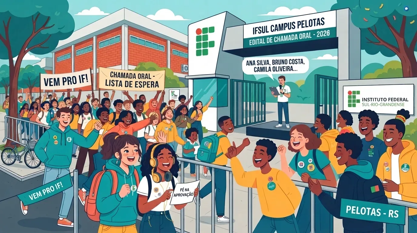 cursos técnicos IFSul Pelotas: Ilustração digital em estilo cartoon de uma multidão comemorando em frente ao portão do "IFSUL CAMPUS PELOTAS - EDITAL DE CHAMADA ORAL - 2026". No centro, um homem em um pequeno palco lê os nomes dos selecionados em um microfone. Os estudantes ao redor celebram com entusiasmo, erguendo faixas que dizem "VEM PRO IF!" e "CHAMADA ORAL - LISTA DE ESPERA". Em primeiro plano, uma jovem sorri segurando um papel escrito "FÉ NA APROVAÇÃO". Faixas nos cantos inferiores trazem as inscrições "VEM PRO IF!" e "PELOTAS - RS".