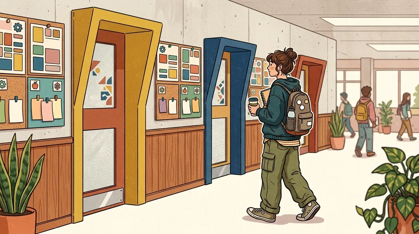 Uma estudante usando mochila, calça cargo verde e casaco escuro, caminhando pelo corredor de uma instituição de ensino. Ela segura um copo de café e um caderno enquanto observa portas de salas de aula caracterizadas por molduras arquitetônicas em formato geométrico nas cores amarela e azul. Ao longo do corredor, veem-se quadros de avisos com papéis coloridos, vasos de plantas no chão e outros alunos ao fundo.