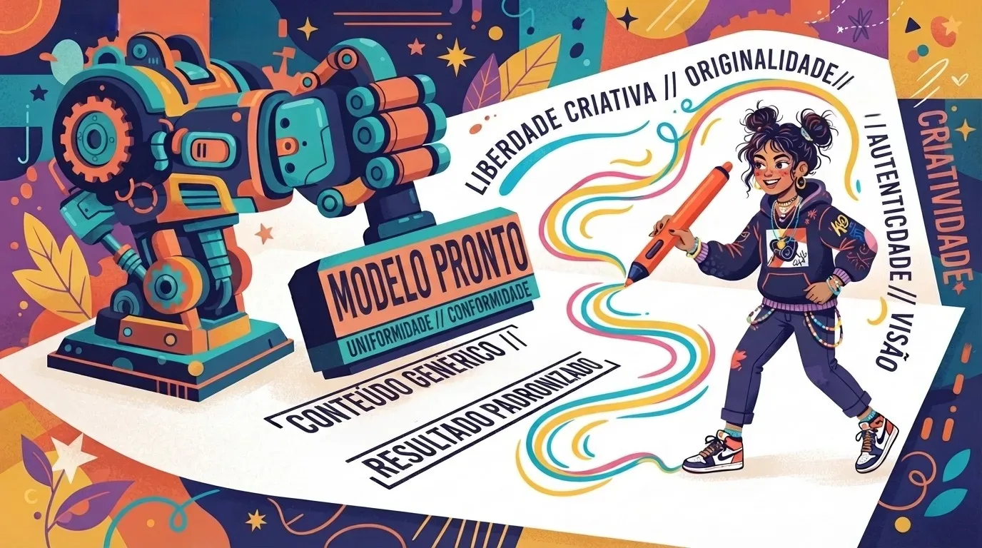 temas da redação do ENEM: Ilustração conceitual e colorida que faz um paralelo entre o engessamento textual e a liberdade de escrita. À esquerda, sob um fundo industrial escuro, um braço mecânico robótico carimba linhas retas com os termos "MODELO PRONTO", "CONTEÚDO GENÉRICO" e "RESULTADO PADRONIZADO". À direita, em contraposição sobre um fundo branco iluminado, uma jovem de estilo moderno usa um marcador laranja gigante para traçar ondas fluidas e multicoloridas no papel, cercada pelas inscrições "LIBERDADE CRIATIVA", "ORIGINALIDADE", "AUTENTICIDADE" e "CRIATIVIDADE".