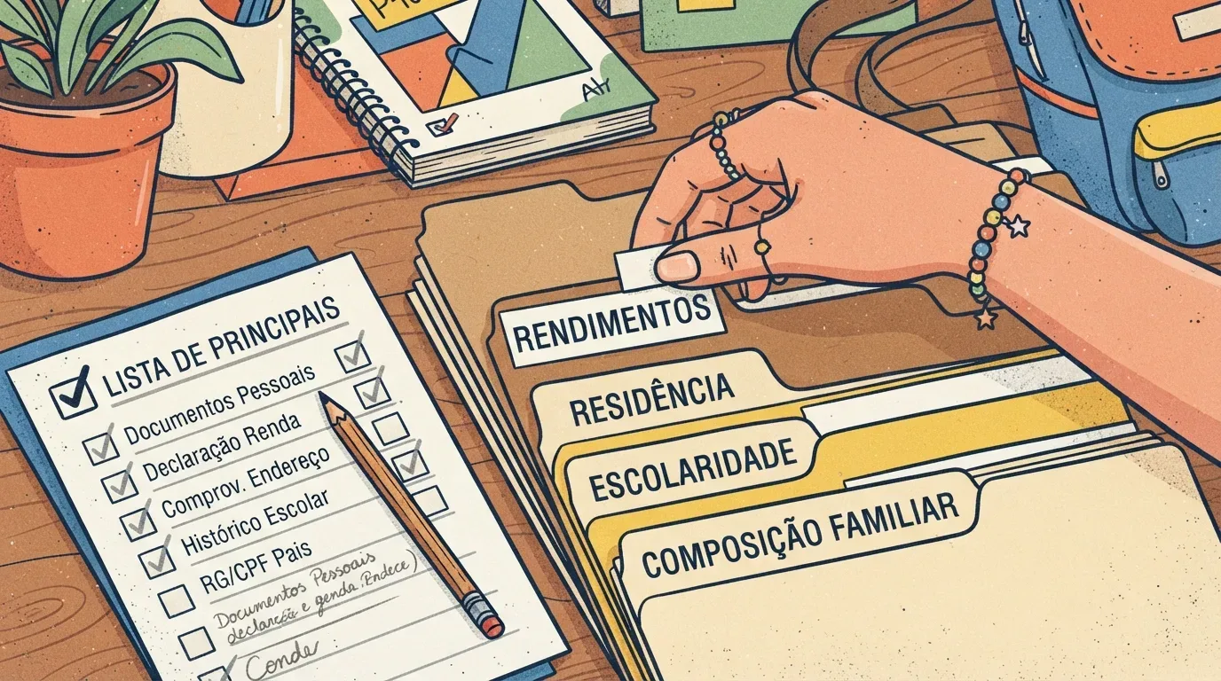 Ilustração em vista superior (flat lay) mostrando a organização de uma pasta de documentos para a bolsa de estudos. Uma mão com pulseira ajusta pastas suspensas amareladas com as abas etiquetadas como "RENDIMENTOS", "RESIDÊNCIA", "ESCOLARIDADE" e "COMPOSIÇÃO FAMILIAR". À esquerda, uma prancheta azul segura a folha "LISTA DE PRINCIPAIS" com checkboxes marcados a lápis para itens como "Documentos Pessoais", "Declaração Renda", "Comprov. Endereço" e "Histórico Escolar". A mesa é complementada por um vaso de planta, caderno e mochila.