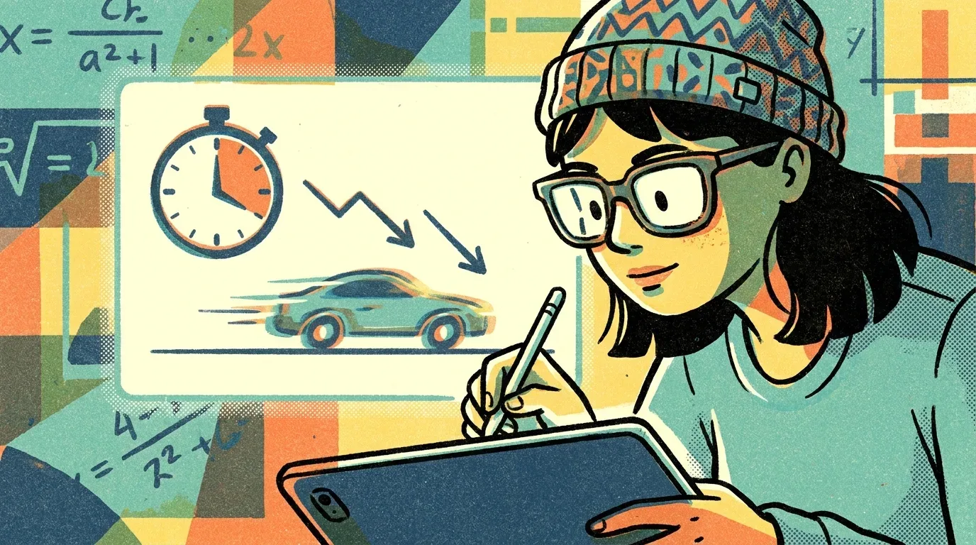 Ilustração em plano médio de uma estudante de óculos e touca estampada desenhando com uma caneta stylus em um tablet. Ao fundo, um painel ilustrado explica conceitos de física e Cinemática através do ícone de um cronômetro, setas de variação e a figura de um carro em alta velocidade, cercado por equações algébricas no plano de fundo.