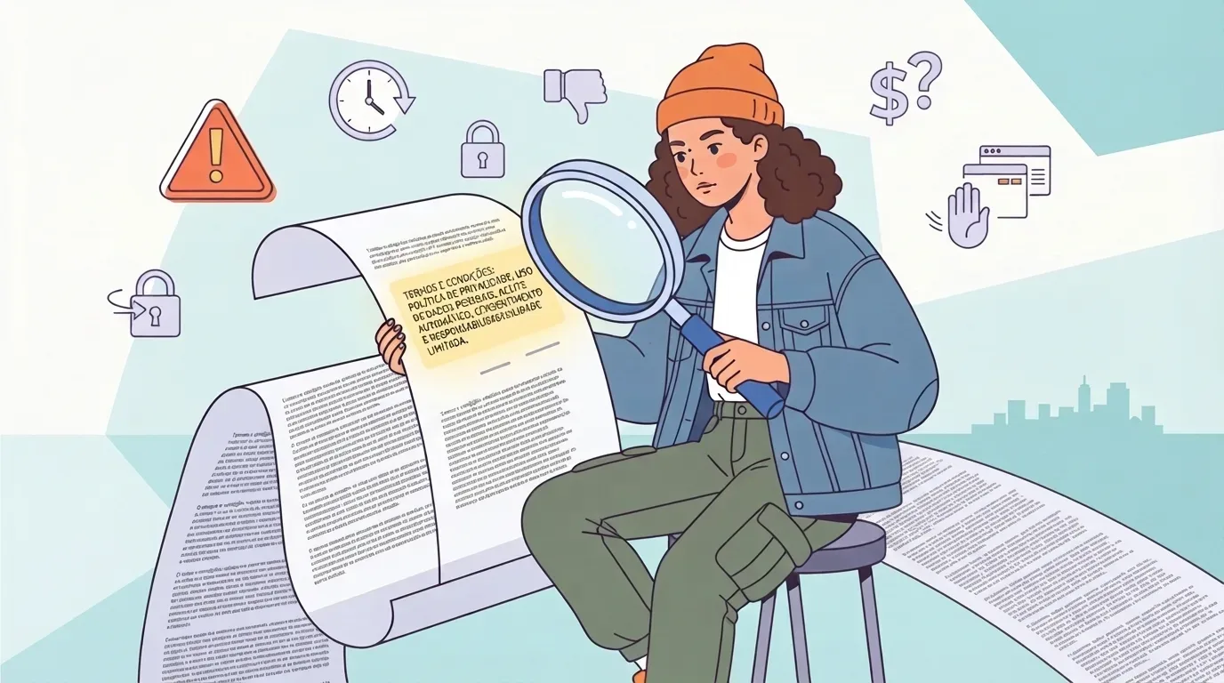 como entrar na faculdade federal: Ilustração em estilo vetor plano de uma jovem de touca e jaqueta jeans sentada, analisando minuciosamente um longo rolo de contrato com uma grande lente de aumento. O documento destaca um bloco amarelo com o texto "TERMOS E CONDIÇÕES". Ao redor dela, flutuam ícones flutuantes de alerta, relógio, cadeado e um cifrão com interrogação (?), simbolizando a conferência atenta de regras e burocracias de editais.