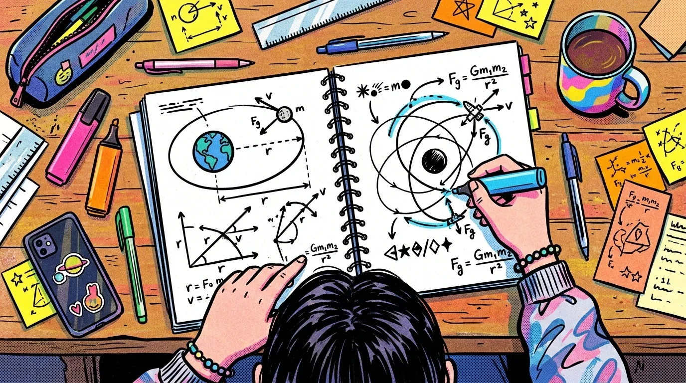 Ilustração em vista superior (flat lay) das mãos de um estudante utilizando um marcador azul para desenhar diagramas de física gravitacional em um caderno espiral. A página esquerda ilustra a órbita elíptica de um corpo de massa $m$ ao redor da Terra, detalhando vetores de velocidade $v$, força gravitacional $F_g$ e distância $r$. A página direita exibe trajetórias orbitais ao redor de um corpo central massivo acompanhadas da fórmula $F_g = frac{G m_1 m_2}{r^2}$. A mesa inclui estojo, canetas, marca-textos, régua, caneca colorida, notas adesivas com equações e um celular com adesivos espaciais.