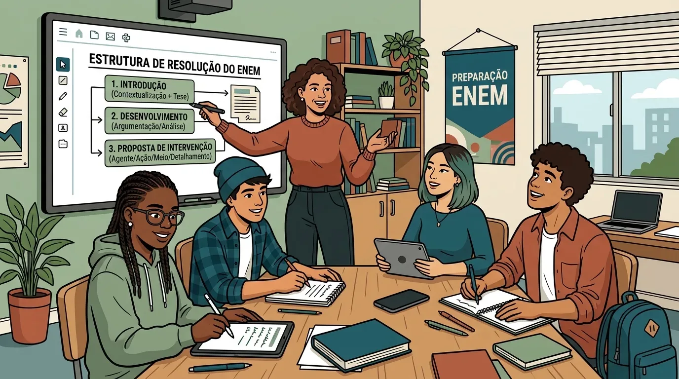 Ilustração em traço limpo de uma professora orientando quatro estudantes reunidos em uma sala de estudo. Ao centro, a professora de blusa terracota aponta com uma caneta stylus para uma tela interativa que apresenta a "ESTRUTURA DE RESOLUÇÃO DO ENEM", detalhada nos blocos "1. INTRODUÇÃO (Contextualização + Tese)", "2. DESENVOLVIMENTO (Argumentação/Análise)" e "3. PROPOSTA DE INTERVENÇÃO (Agente/Ação/Meio/Detalhamento)". Ao redor da mesa de madeira, quatro alunos diversos acompanham a explicação fazendo anotações em cadernos e tablets. O ambiente inclui uma flâmula decorativa escrita "PREPARAÇÃO ENEM", estantes com livros e plantas, e uma janela iluminada pela luz do dia.