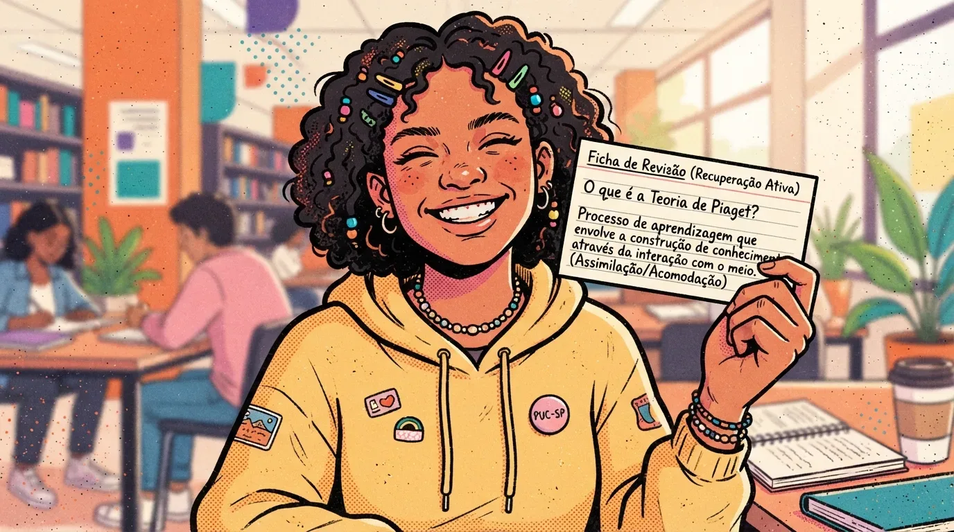 Uma jovem negra sorridente de cabelos cacheados com presilhas coloridas, vestindo um moletom amarelo decorado com um broche da "PUC-SP". Ela segura em destaque uma "Ficha de Revisão (Recuperação Ativa)" contendo a pergunta "O que é a Teoria de Piaget?" e a resposta escrita: "Processo de aprendizagem que envolve a construção de conhecimento através da interação com o meio. (Assimilação/Acomodação)". Ao fundo, veem-se outros estudantes e estantes em uma biblioteca.