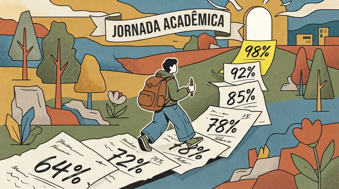 nota baixa no simulado: Ilustração conceitual e estilizada de um estudante com uma mochila marrom nas costas, caminhando de perfil por uma trilha que sobe uma colina em direção a um portal de luz. O caminho é pavimentado por folhas de provas com notas e porcentagens que aumentam progressivamente a cada passo: 64%, 72%, 78%, 85%, 92% e 98%. No topo, uma grande faixa estampa o título "JORNADA ACADÊMICA", representando o processo de evolução contínua nos estudos.