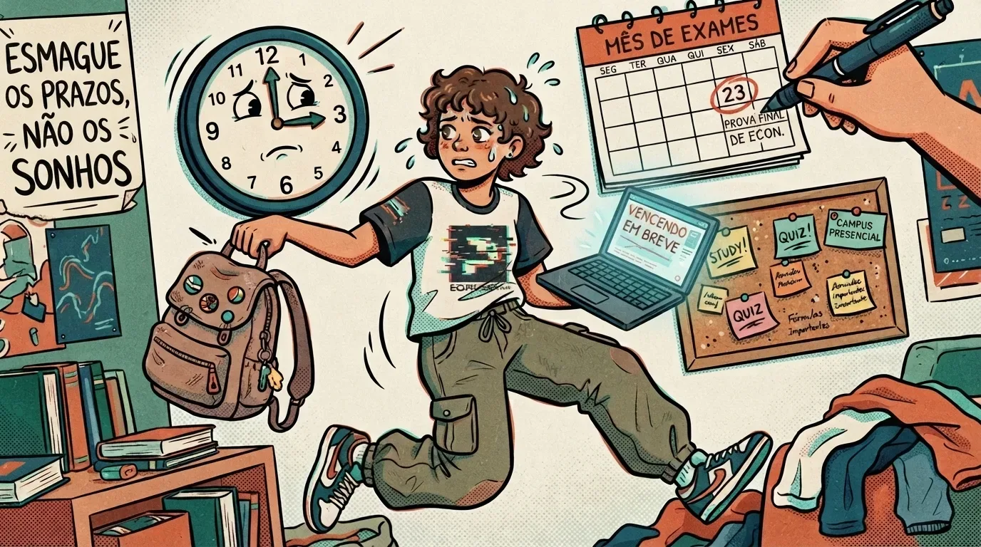 cursinho presencial ou online: Ilustração expressiva de um jovem correndo e suando de nervoso em seu quarto, segurando uma mochila e um notebook com o aviso "VENCENDO EM BREVE". Ao fundo, um grande relógio de parede com rosto preocupado e um calendário de "MÊS DE EXAMES" com uma prova final circulada enfatizam a corrida contra o tempo. Um cartaz na parede esquerda traz a frase motivacional: "ESMAGUE OS PRAZOS, NÃO OS SONHOS".