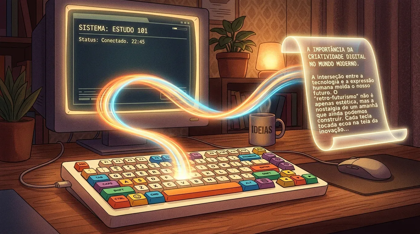 gêneros textuais no ENEM: Ilustração digital em estilo retrofuturista e aconchegante de um ambiente de trabalho à noite. Sobre uma mesa de madeira escura, há um monitor CRT antigo que exibe na tela "SISTEMA: ESTUDO 101" e "Status: Conectado. 22:45". À frente dele, um teclado mecânico com teclas quadradas e muito coloridas. Um feixe de luz brilhante e ondulado nas cores laranja e azul emerge do centro do teclado, flutuando pelo ar até se transformar em um pergaminho holográfico transparente e luminoso à direita. No pergaminho, há um texto em letras maiúsculas amarelas que discute a interseção entre tecnologia, expressão humana e a nostalgia do retrofuturismo. Ao fundo, a iluminação morna vem de uma luminária acesa, acompanhada por vasos de plantas e uma caneca cinza onde se lê "IDEIAS".