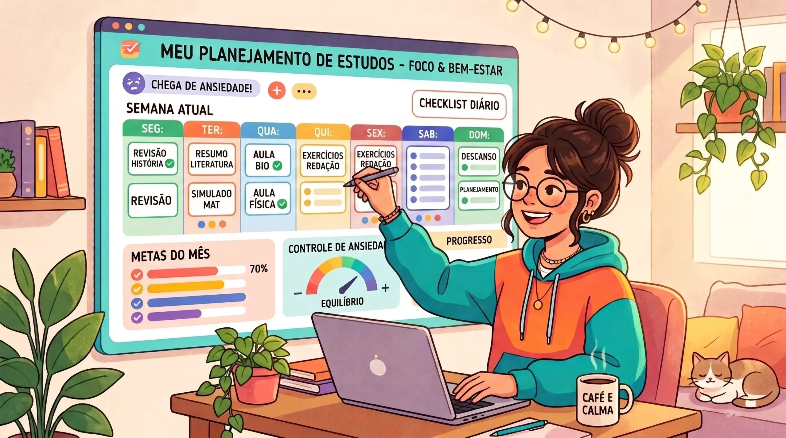 síndrome do impostor vestibular: Ilustração digital colorida em estilo cartoon de uma jovem estudante sorridente com óculos e cabelo preso em um coque alto, vestindo um moletom colorido em tons de verde, laranja e azul. Ela está sentada em sua mesa de estudos em frente a um laptop, segurando uma caneta digital e apontando para uma grande tela flutuante com o título "MEU PLANEJAMENTO DE ESTUDOS - FOCO & BEM-ESTAR". A interface exibe uma aba chamada "CHEGA DE ANSIEDADE!" e um cronograma semanal detalhado com tarefas marcadas como concluídas (Revisão de História, Aula de Biologia e Física). Na parte inferior do painel, há uma barra de progresso em 70% para as metas do mês e um medidor de "Controle de Ansiedade" com o ponteiro centralizado na palavra "EQUILÍBRIO". Ao lado do laptop, há uma caneca com a frase "CAFÉ E CALMA". O ambiente é aconchegante, decorado com plantas, luzes pisca-pisca e um gato deitado ao fundo.