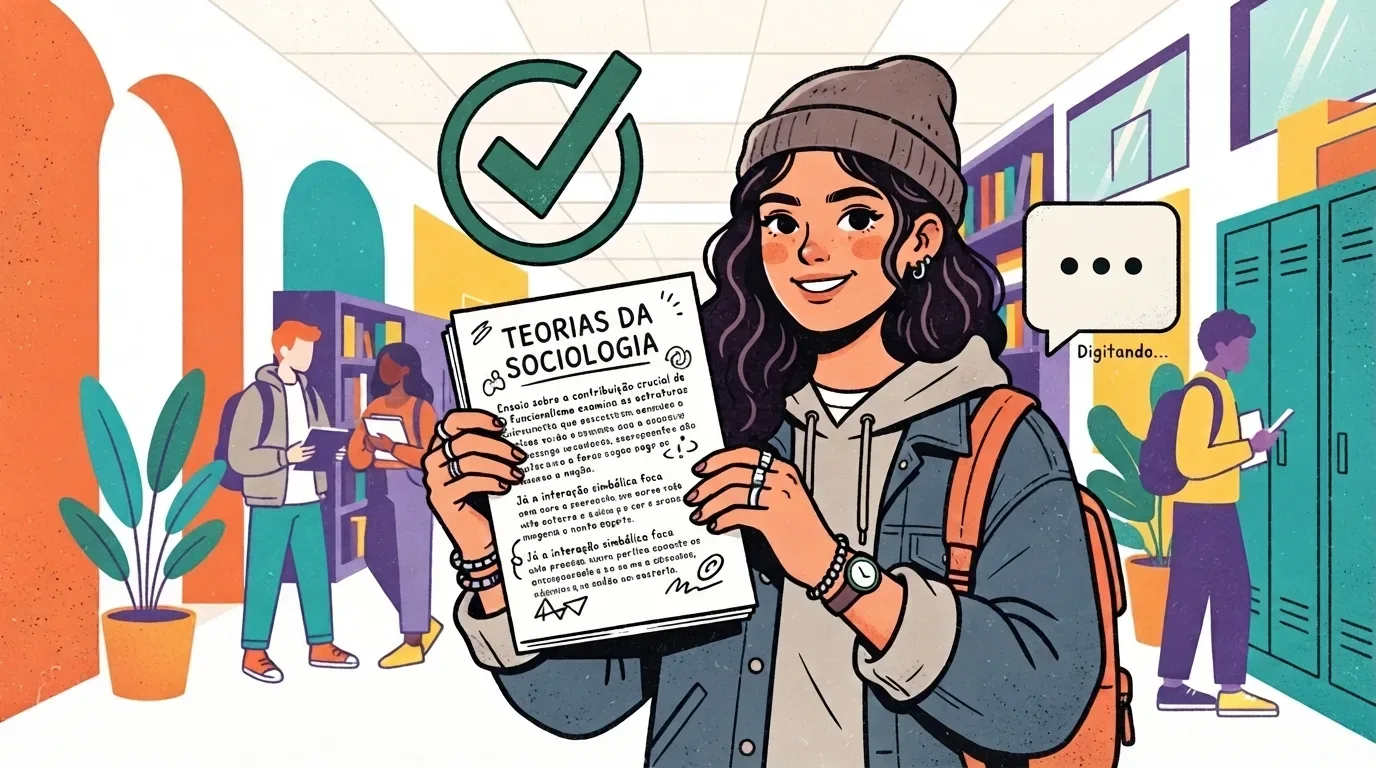 proposta de intervenção ENEM: Ilustração digital em estilo cartoon de uma estudante orgulhosa no corredor de uma escola ou faculdade. Ela tem cabelos escuros, usa uma touca marrom, jaqueta jeans sobre moletom cinza e segura um calhamaço de folhas grampeadas intitulado "TEORIAS DA SOCIOLOGIA". Logo acima de sua cabeça, destaca-se um grande círculo verde com um símbolo de visto ($checkmark$) escuro, indicando sucesso ou aprovação. À sua direita, há um balão de diálogo flutuante com três pontos e a inscrição "Digitando...". Ao fundo, o cenário mostra o cotidiano escolar com armários organizados, plantas em vasos e outros jovens conversando e estudando perto de estantes de livros.