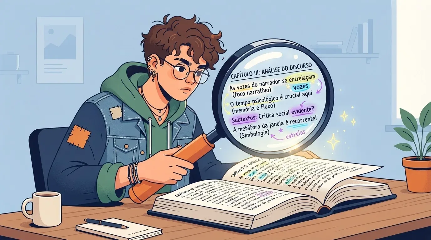 obras obrigatórias UFRGS: Ilustração em estilo anime de um jovem de óculos e jaqueta jeans estudando em sua escrivaninha. Ele segura uma grande lente de aumento sobre um livro aberto, que amplia o texto e revela anotações coloridas de estudo sob o título "CAPÍTULO III: ANÁLISE DO DISCURSO". Os tópicos destacados na lupa detalham elementos como foco narrativo, tempo psicológico e subtextos de crítica social. Sobre a mesa, há uma caneca de café e um bloco de notas.