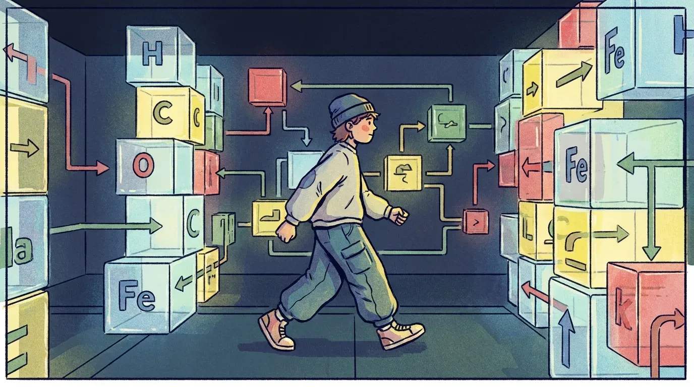 Ilustração em estilo HQ de um estudante usando touca, moletom e calça cargo, caminhando por um corredor formado por grandes blocos translúcidos e iluminados da Tabela Periódica. Os cubos empilhados exibem símbolos de elementos químicos como H (Hidrogênio), C (Carbono), O (Oxigênio), Fe (Ferro) e K (Potássio). Ao fundo, setas e linhas coloridas conectam os blocos em um diagrama de fluxo interativo.