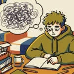 Ilustração colorida em estilo de história em quadrinhos retratando um jovem estudante sofrendo de exaustão e bloqueio mental em seu quarto. Ele está sentado atrás de uma mesa de madeira, vestindo um moletom verde-oliva, com cabelos bagunçados e olheiras profundas e escuras sob os olhos arregalados de cansaço. Com uma caneta na mão sobre um caderno em branco, ele parece paralisado. Acima de sua cabeça, um grande balão de pensamento exibe um emaranhado confuso e caótico de linhas pretas rabiscadas em espiral, simbolizando a sobrecarga mental. Sobre a mesa, há uma alta pilha de livros desorganizados, lápis espalhados e uma caneca com chá. Ao fundo, um relógio redondo está pendurado na parede ao lado de uma janela que mostra a noite lá fora.