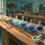 Ilustração estilo pintura digital de uma bancada de madeira em um laboratório de química iluminado pela luz natural de uma grande janela lateral. Alinhados sobre a mesa e fixados em suportes metálicos universais, observam-se diversos balões de fundo redondo com líquidos em gradiente de cores, variando do transparente, amarelo, verde-água, azul-claro, azul-escuro até o roxo. Em primeiro plano, encontram-se um almofariz com pistilo de porcelana e um béquer com solução azul. Ao fundo desfocado, veem-se capelas de exaustão, quadros negros com equações químicas, estantes repletas de frascos de reagentes e banquetas de madeira.