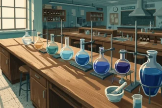 Ilustração estilo pintura digital de uma bancada de madeira em um laboratório de química iluminado pela luz natural de uma grande janela lateral. Alinhados sobre a mesa e fixados em suportes metálicos universais, observam-se diversos balões de fundo redondo com líquidos em gradiente de cores, variando do transparente, amarelo, verde-água, azul-claro, azul-escuro até o roxo. Em primeiro plano, encontram-se um almofariz com pistilo de porcelana e um béquer com solução azul. Ao fundo desfocado, veem-se capelas de exaustão, quadros negros com equações químicas, estantes repletas de frascos de reagentes e banquetas de madeira.