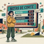 Uma jovem estudante vestindo moletom amarelo e calça cargo, pensativa com a mão no queixo diante de um painel flutuante intitulado "NOTAS DE CORTE". O painel exibe uma tabela com os cursos e pontuações: "MEDICINA: 87.5", "DIREITO: 79.2", "ENGENHARIA: 82.1", "PSICOLOGIA: 75.8" e "COMUNICAÇÃO: 78.4". Ao fundo, no pátio de um campus universitário, outros alunos caminham e leem livros entre edifícios modernos.