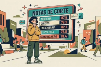 Uma jovem estudante vestindo moletom amarelo e calça cargo, pensativa com a mão no queixo diante de um painel flutuante intitulado "NOTAS DE CORTE". O painel exibe uma tabela com os cursos e pontuações: "MEDICINA: 87.5", "DIREITO: 79.2", "ENGENHARIA: 82.1", "PSICOLOGIA: 75.8" e "COMUNICAÇÃO: 78.4". Ao fundo, no pátio de um campus universitário, outros alunos caminham e leem livros entre edifícios modernos.
